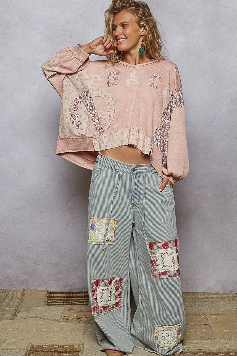 Pol Clothing - Long sleeve V-neck contrast PEACE letter top