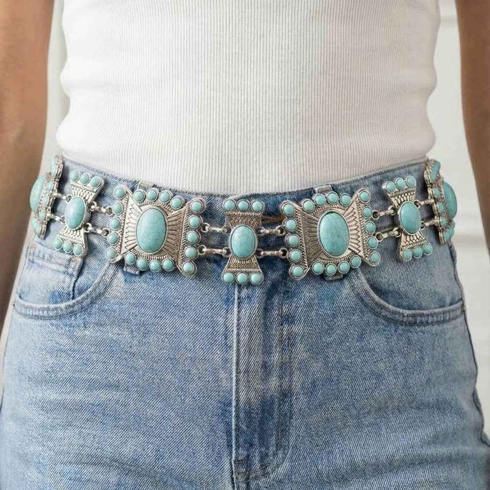 Collections by Fame Accessories - Turquoise Stone Western Concho Chain Belt