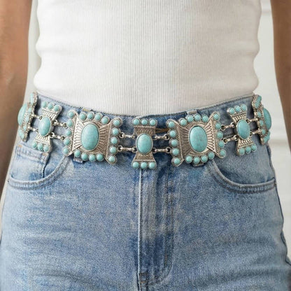Collections by Fame Accessories - Turquoise Stone Western Concho Chain Belt