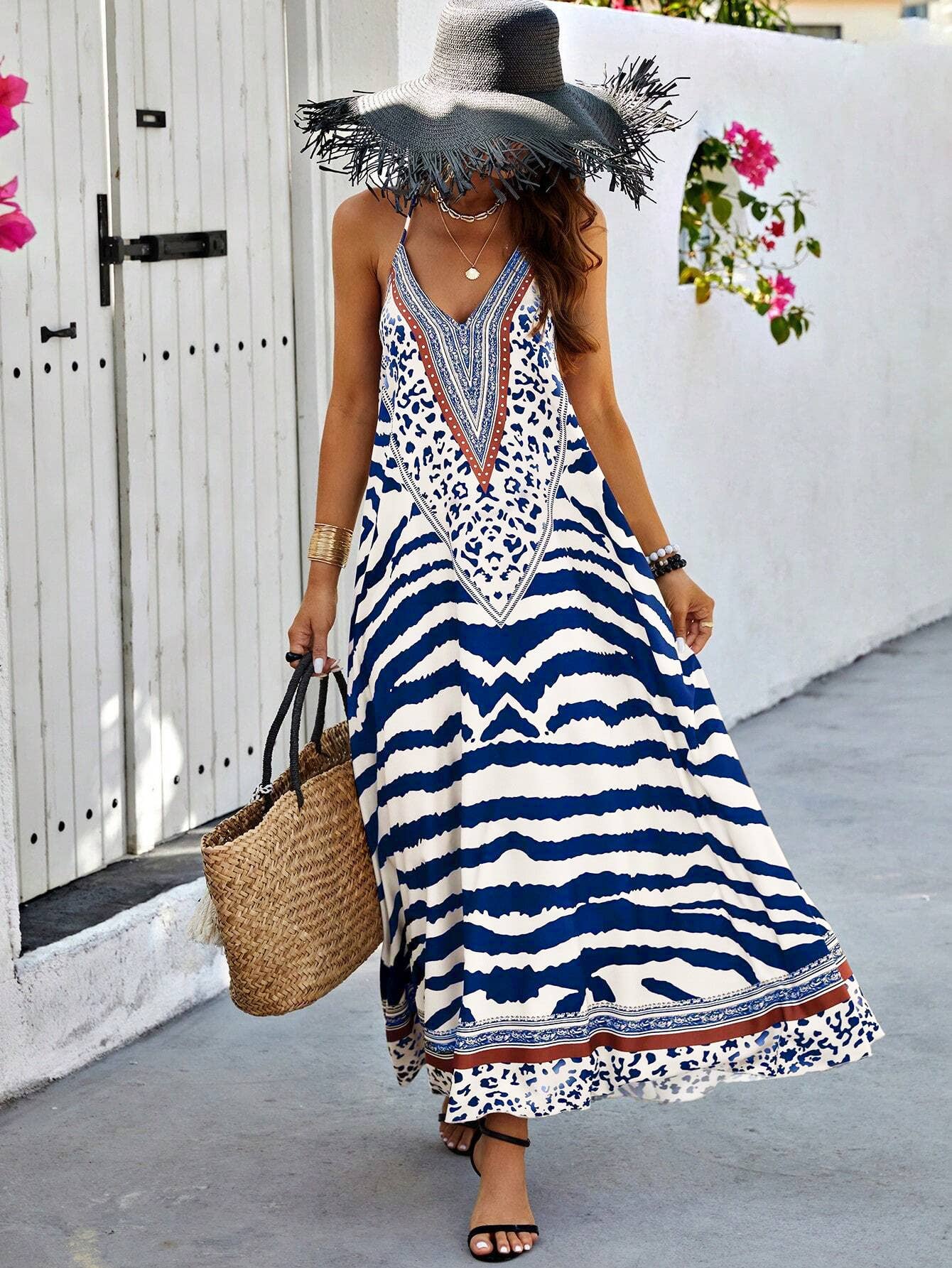 Anna Kaci Wholesale - V Neck Printed Spaghetti Strap A Line Maxi Dress