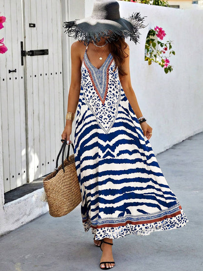 Anna Kaci Wholesale - V Neck Printed Spaghetti Strap A Line Maxi Dress