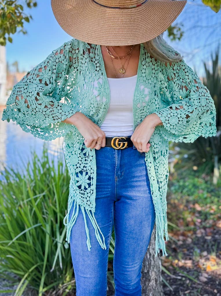 AMOLI - Sage Floral Crochet 3/4 Sleeve With Tassel Kimono