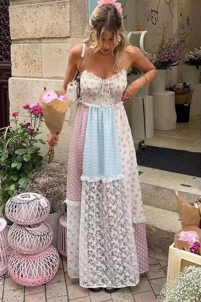  Floral sheer mesh lace patchwork halter maxi flare dress