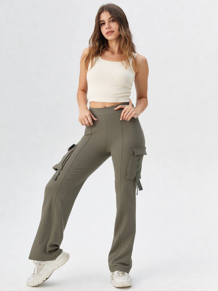 VERY J - NP70266-Bootcut Stretchy Knit Cargo Yoga Pants Leggings