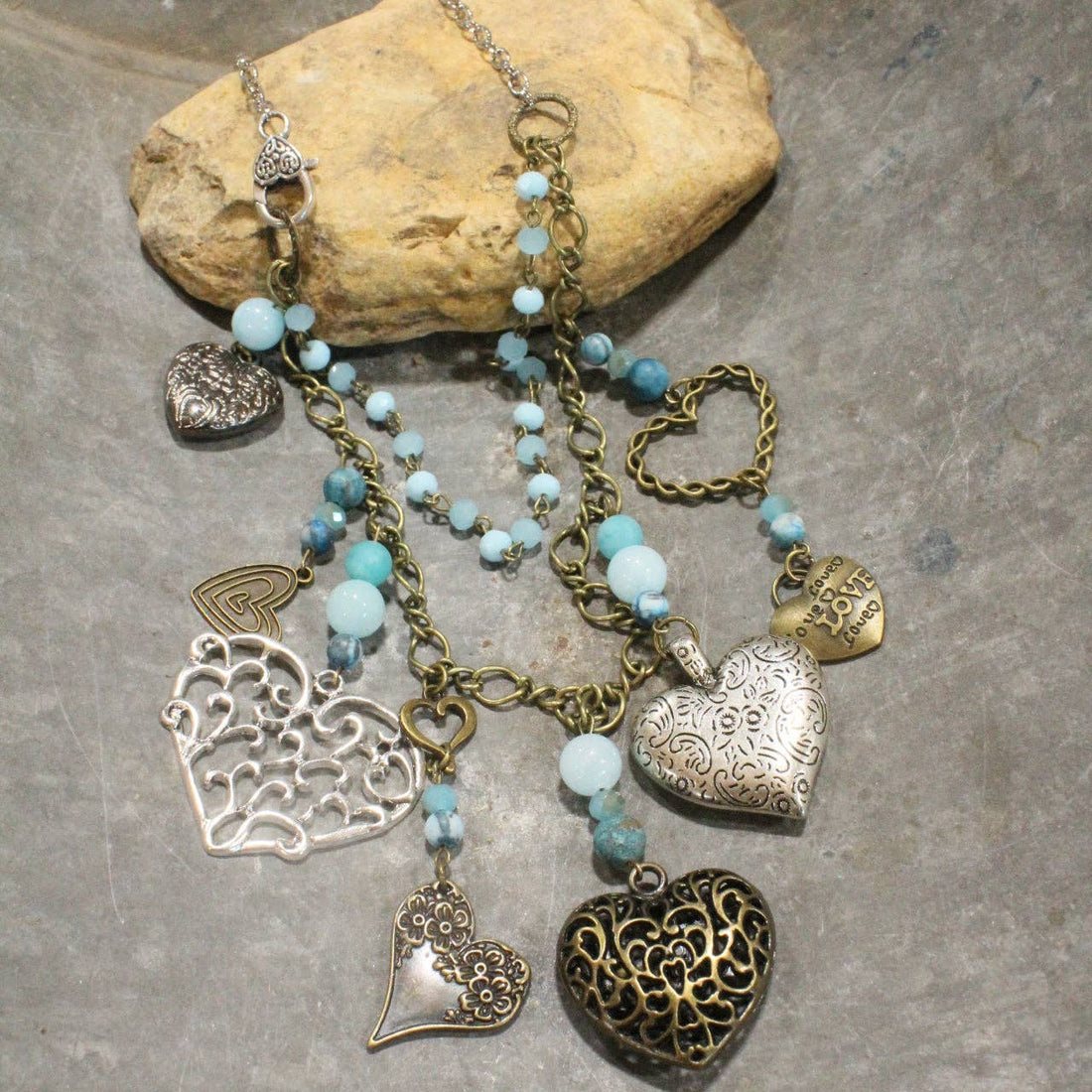 The Primitive Peddler, Inc. - Loads Of Love Czech Heart &amp; Mixed Metal Charmers Necklace