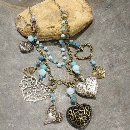 The Primitive Peddler, Inc. - Loads Of Love Czech Heart &amp; Mixed Metal Charmers Necklace