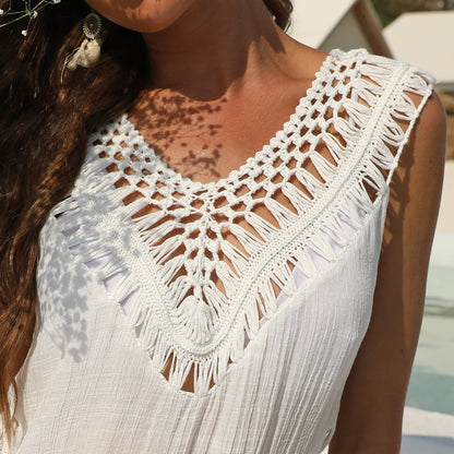 Crochet V-Neck Vest Dress Beach Cover-Up