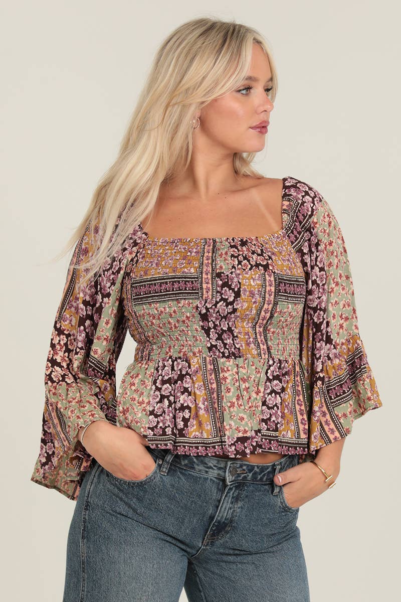 ANGIE - FULLY SMOCKED BODICE TOP WITH A WIDE SLEEVE