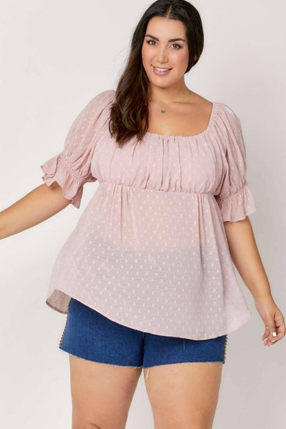 Davi &amp; Dani - POLKA DOT SMOCKED RUFFLE SHORT PUFF SLEEVE TOP: PLUS