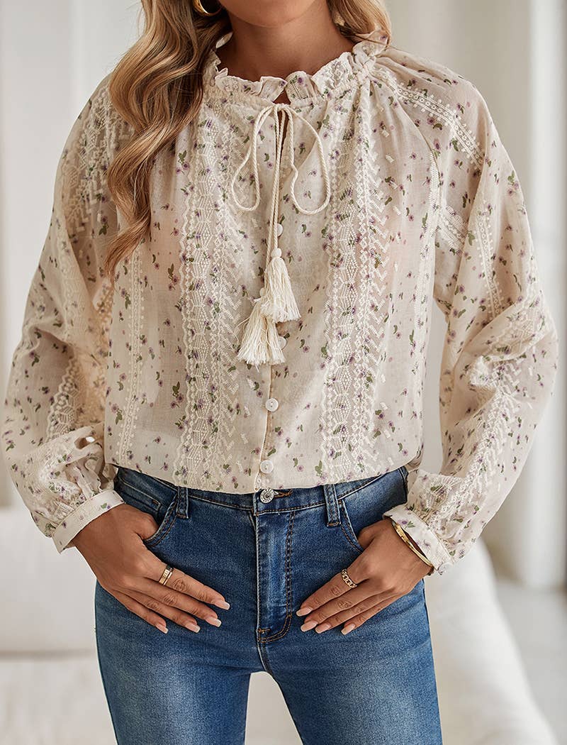 EmberLoom - Floral Tassel Tie Peasant Blouse
