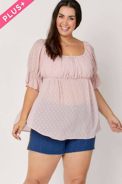 Davi &amp; Dani - POLKA DOT SMOCKED RUFFLE SHORT PUFF SLEEVE TOP: PLUS