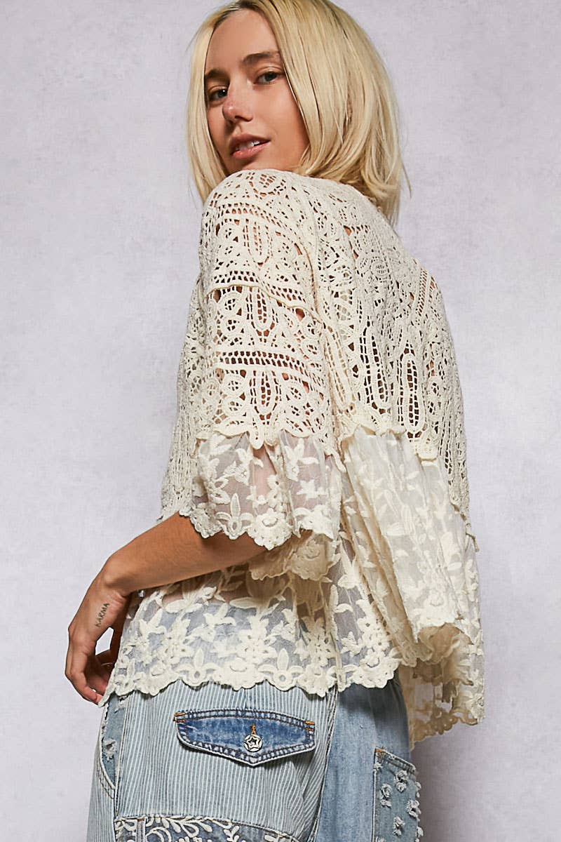Pol Clothing - V-neck short sleeve crochet floral lace cardigan