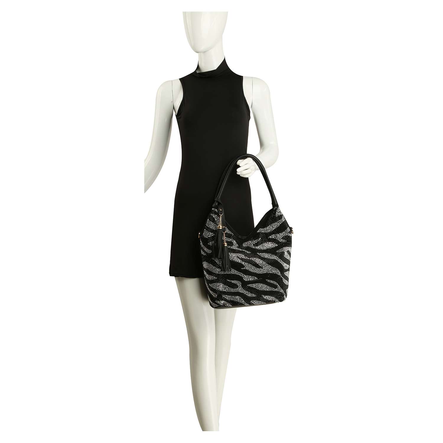Handbag Express - Zebra Rhinestone Pattern Shoulder Bag - Black
