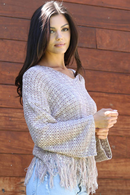 ANGIE - V NECK FRINGE HEM PULLOVER SWEATER