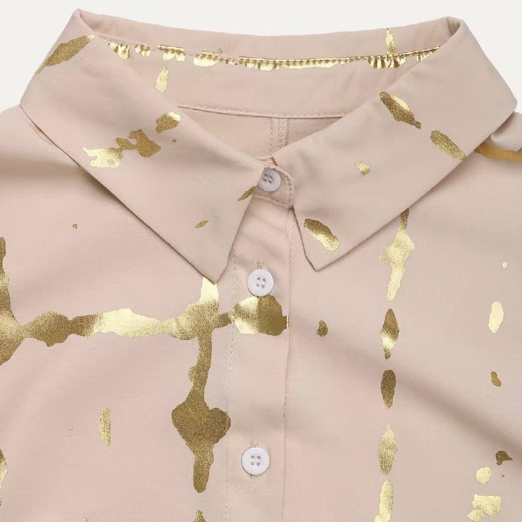 The Moment Collection - Light Khaki Metallic Gold Pattern Collared Butto-Up  Shirt
