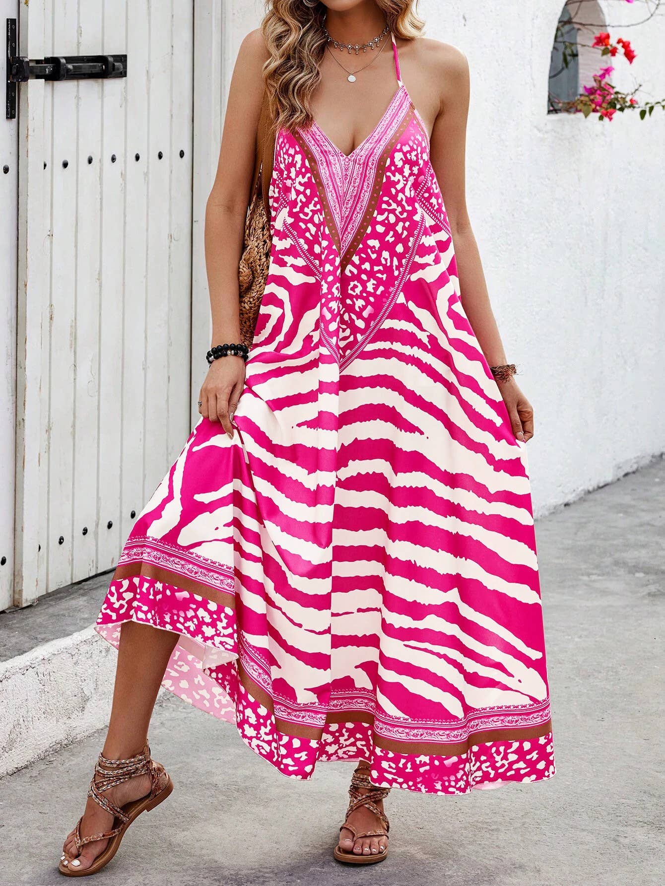 Anna Kaci Wholesale - V Neck Printed Spaghetti Strap A Line Maxi Dress