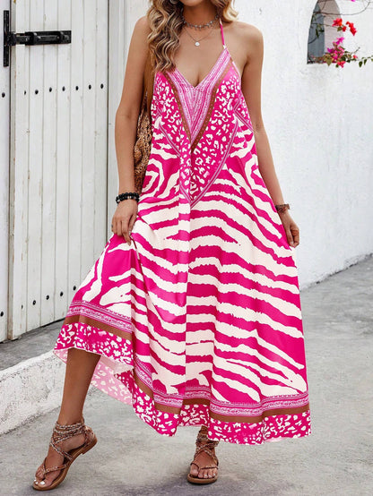 Anna Kaci Wholesale - V Neck Printed Spaghetti Strap A Line Maxi Dress