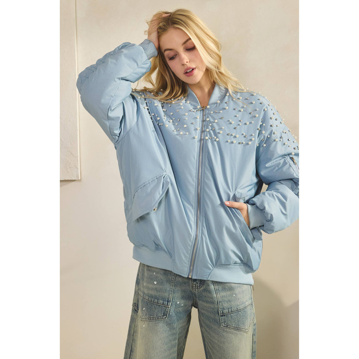 Veveret - Rhinestone Oversize Bomber Jacket