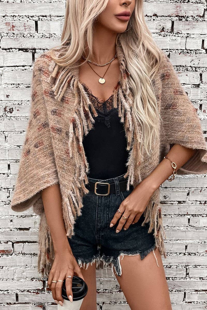 NINEXIS - COLORFUL PLAID KNITTED FRINGED CAPE SHAWL