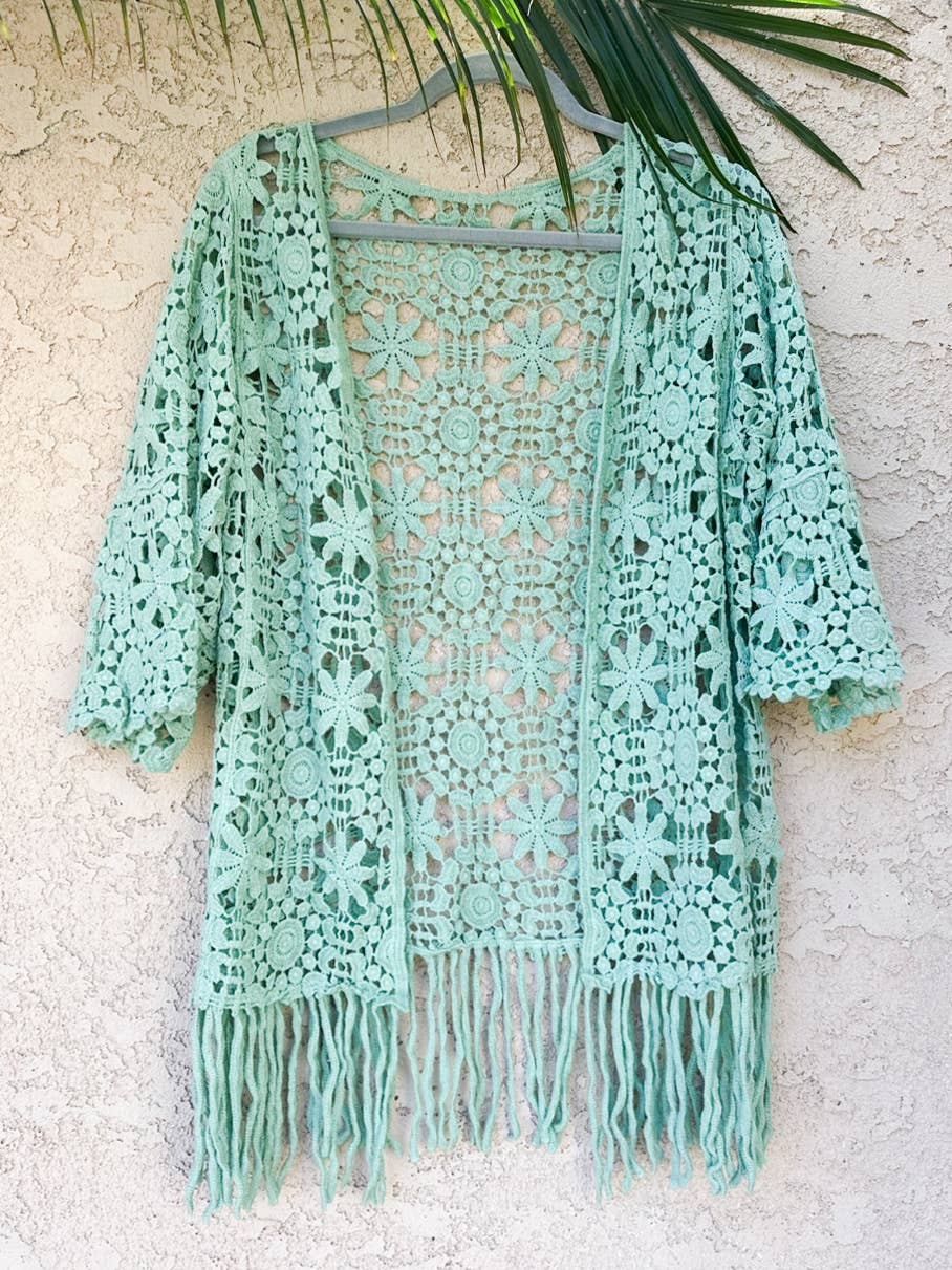 AMOLI - Sage Floral Crochet 3/4 Sleeve With Tassel Kimono