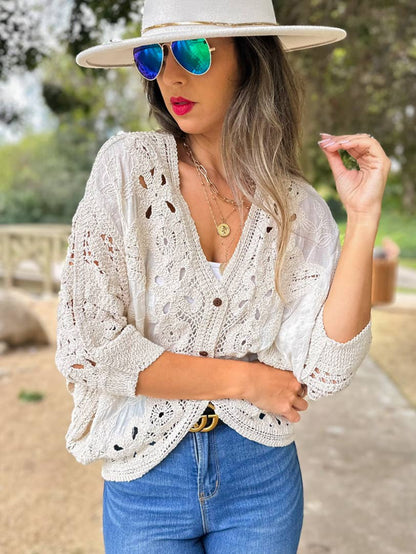 AMOLI - Ivory Boho Lace Detail Dolman Sleeve Button-Down Cardigan