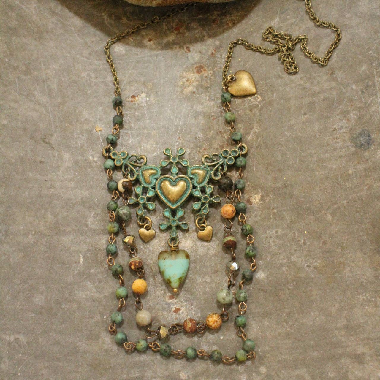 The Primitive Peddler, Inc. - Vintage Verdigris Bronze &amp; Czech Heart Layered Necklace