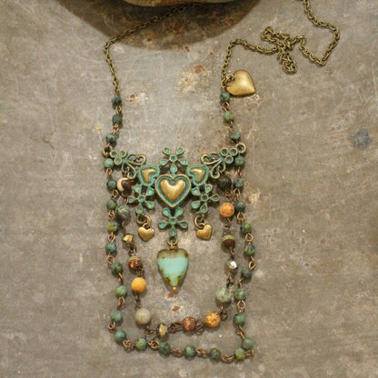The Primitive Peddler, Inc. - Vintage Verdigris Bronze &amp; Czech Heart Layered Necklace