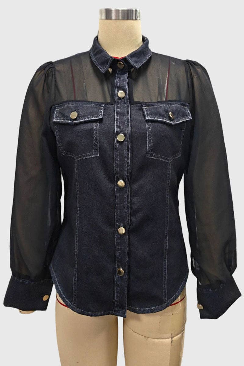 Mccolin - Sheer Sleeve Button-Front Shirt