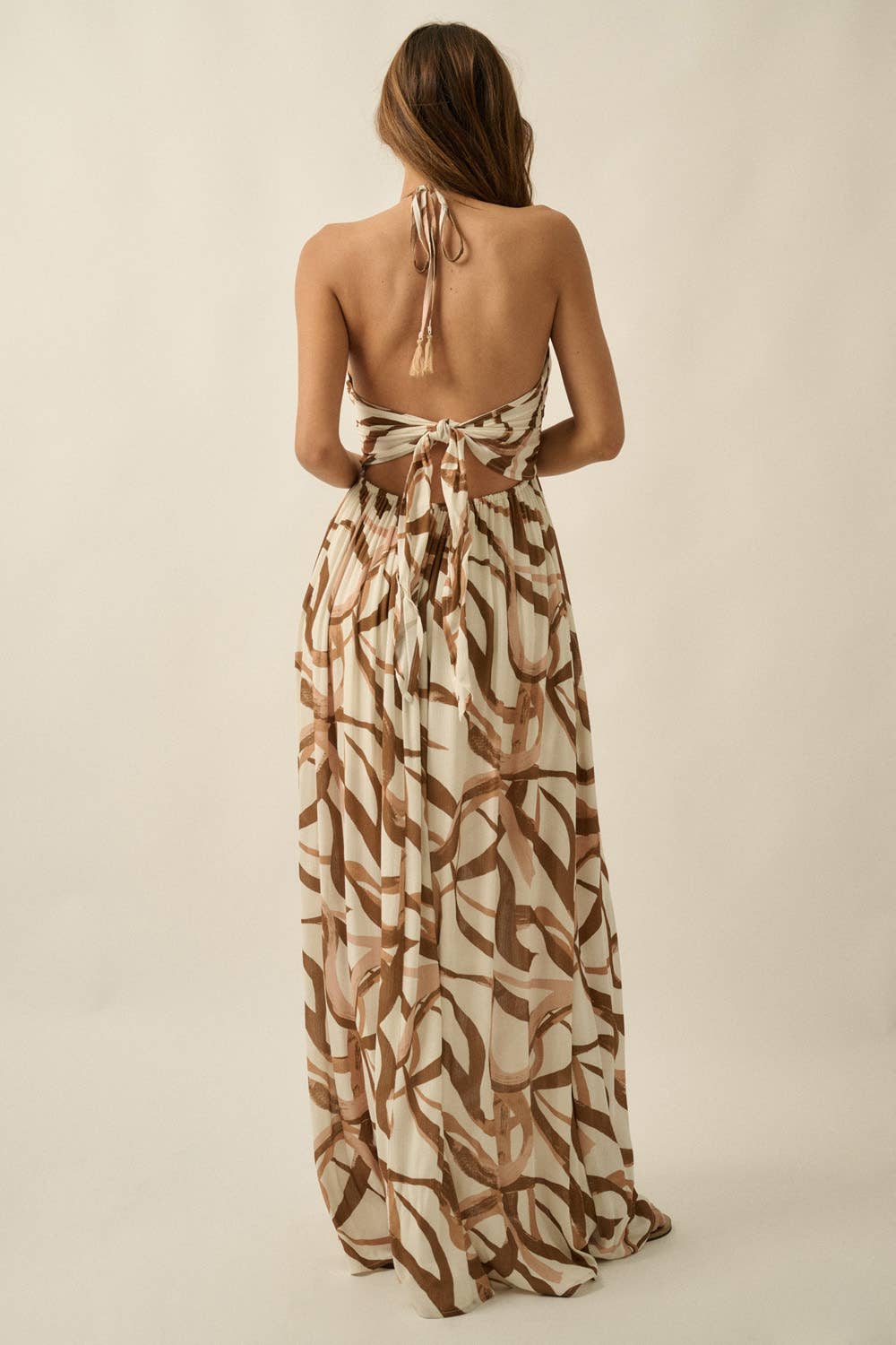 Promesa USA - Ribbon-Print Crepe Tie-Back Halter Pocket Maxi Dress