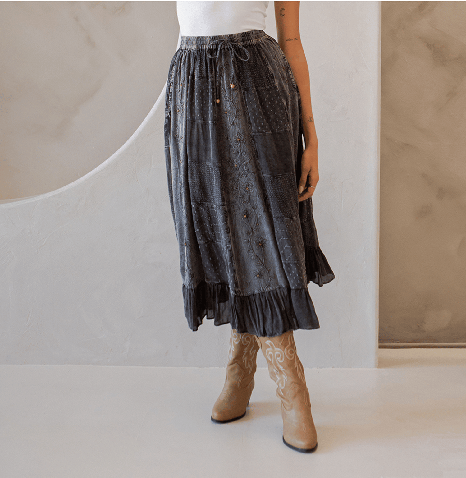 Young Threads - Women Patchwork Embroidered Maxi Skirt With Side Pockets