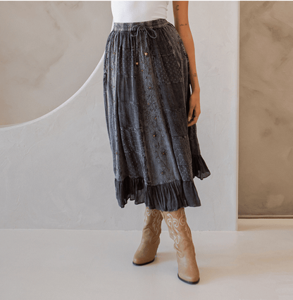Young Threads - Women Patchwork Embroidered Maxi Skirt With Side Pockets