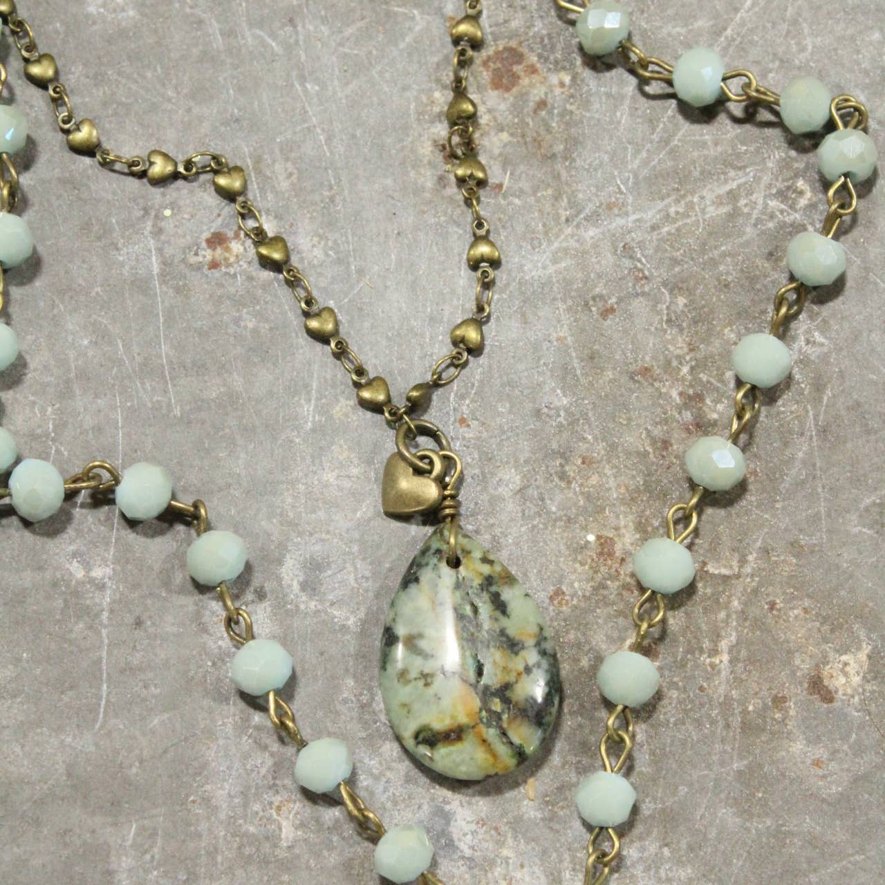 The Primitive Peddler, Inc. - Double Layered Stone &amp; Bronze Heart Drop Necklace