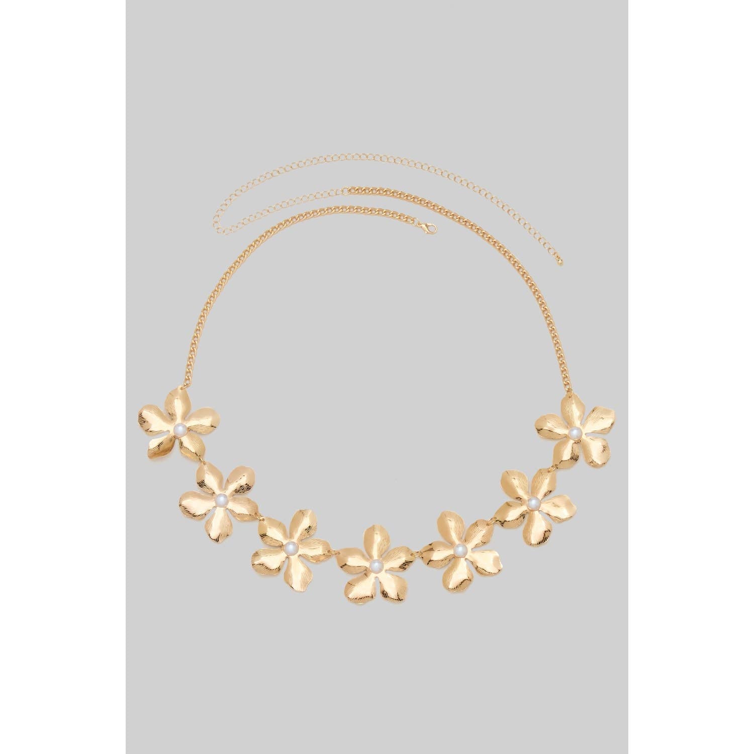 Girly - METAL AND PEARL FLOWER LINK CHAIN BELT