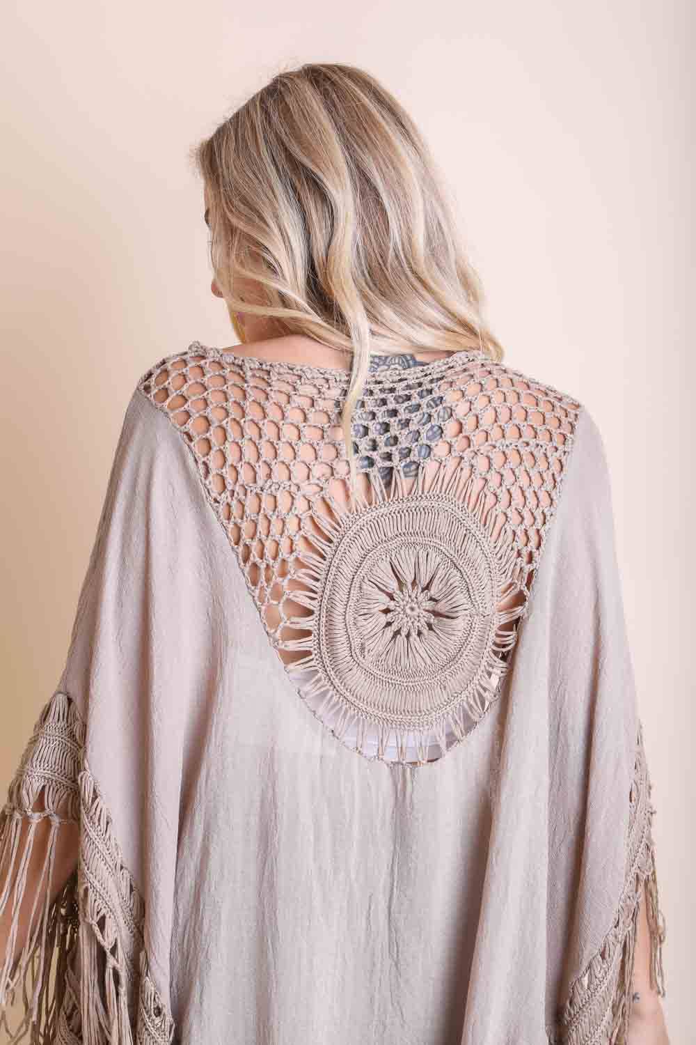 Leto Accessories - Festival-Ready Crochet Back Tasseled Kimono Jacket 
