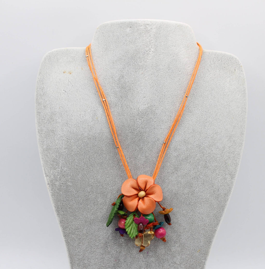 Leather flower necklace with wood beads