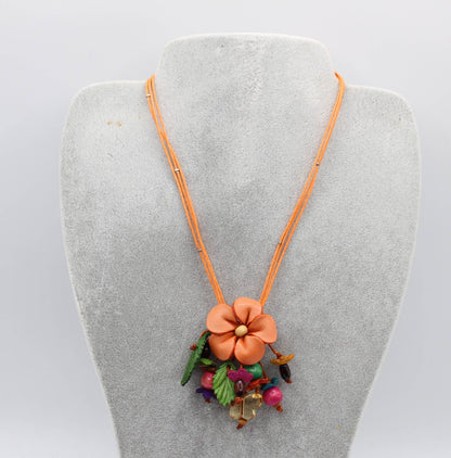 Leather flower necklace with wood beads