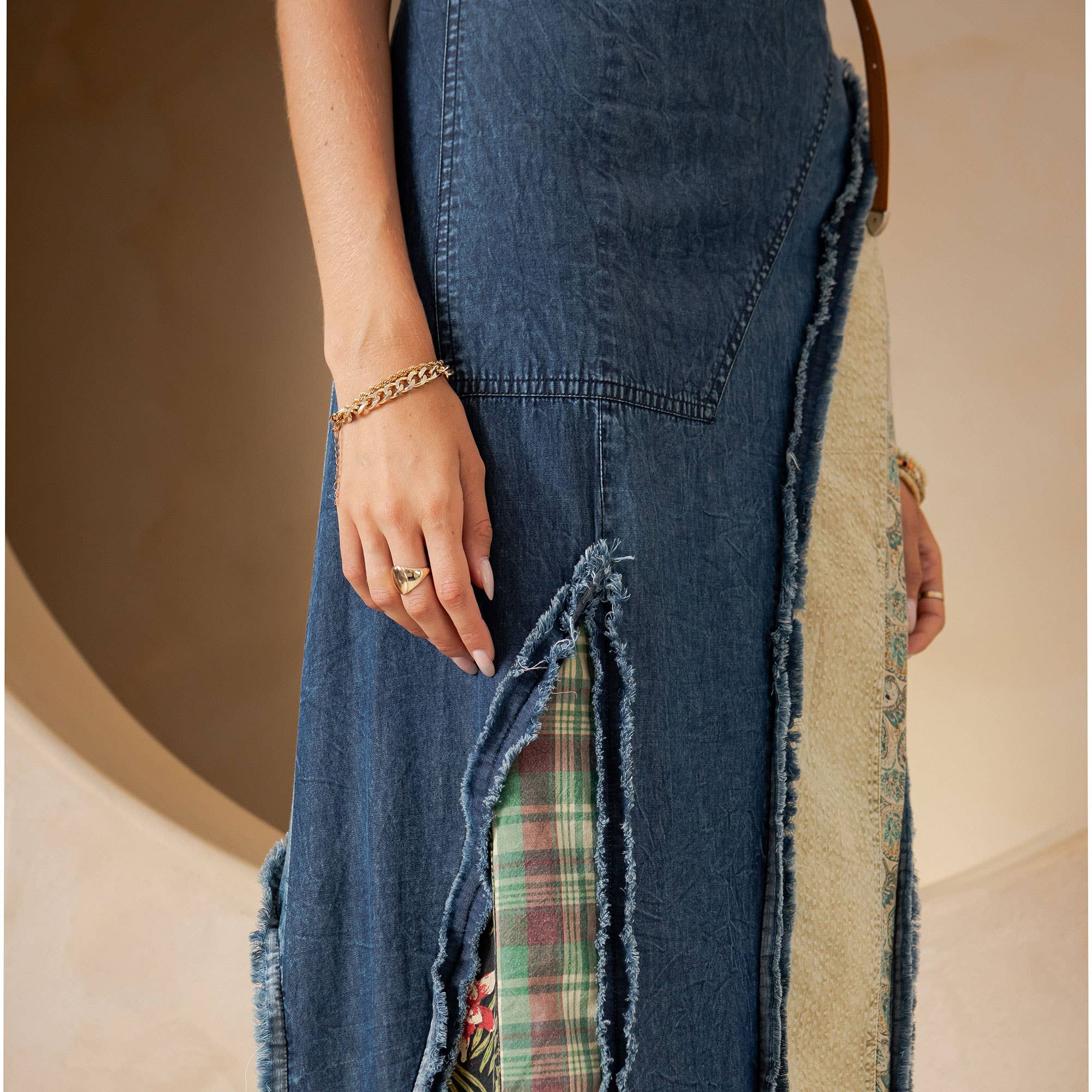 Young Threads - Western Boho Chic: Patch Inserted Denim Midi Skirt- New