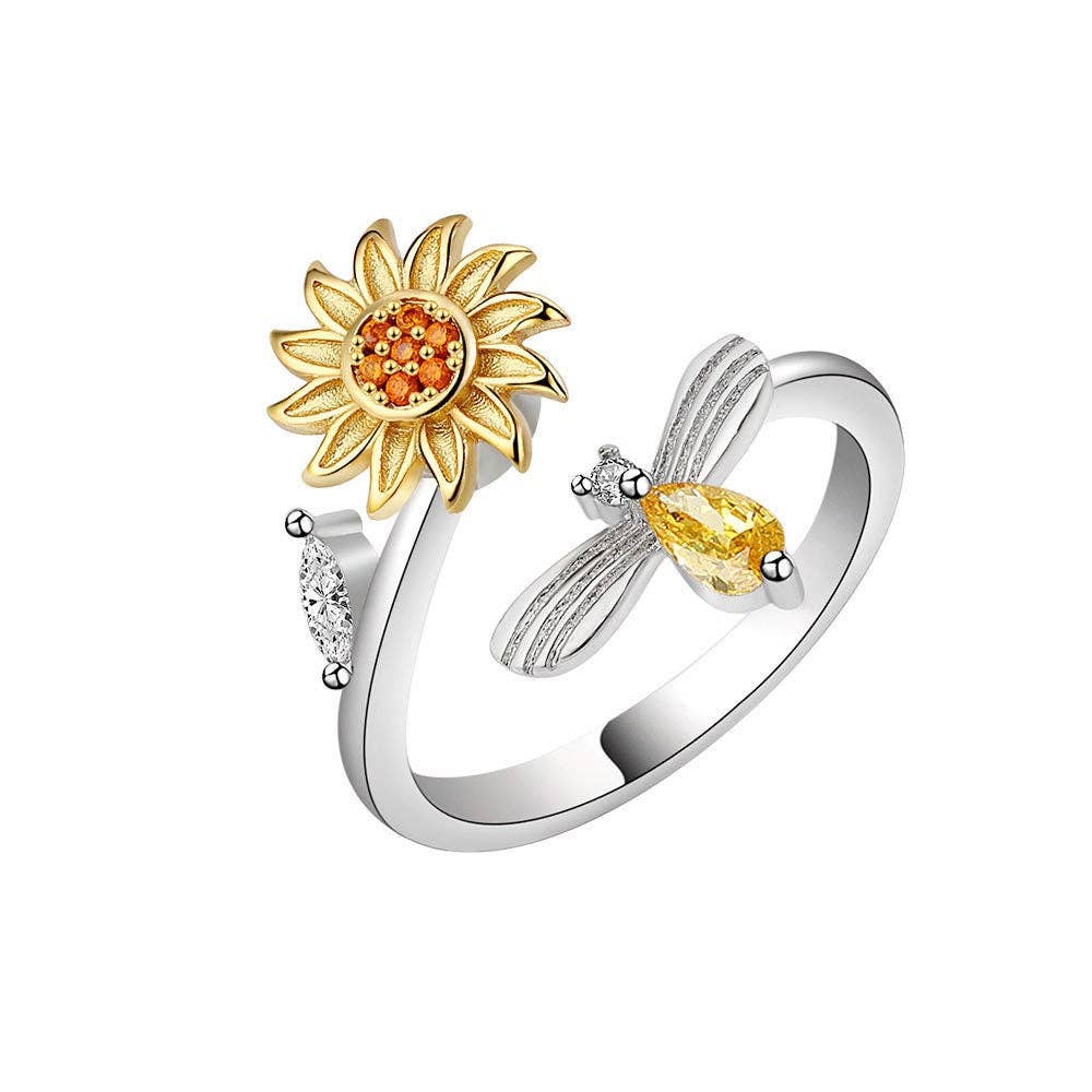 Sunflower Anxiety Fidget Spinner Ring in Sterling Silver
