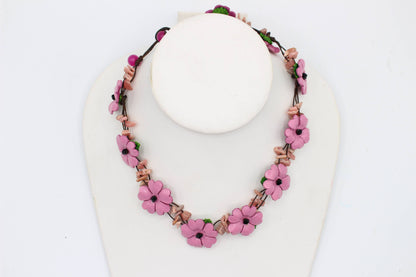  - Leather flower necklace with crystal stone choker