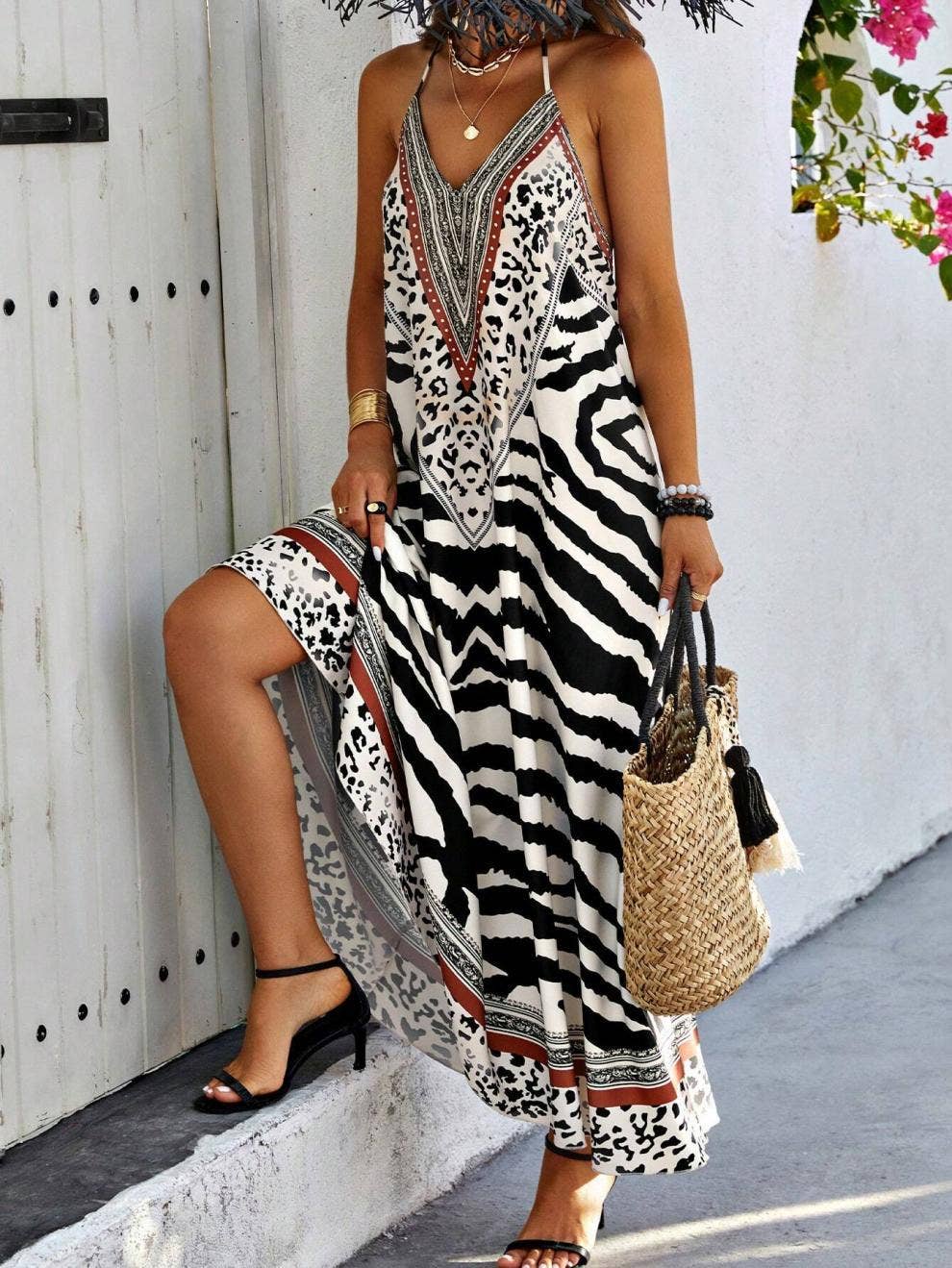 Anna Kaci Wholesale - V Neck Printed Spaghetti Strap A Line Maxi Dress