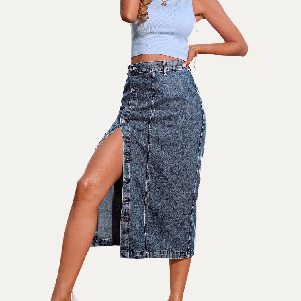 The Moment Collection - Always Chic Buttons High-Rise Denim Midi Skirt