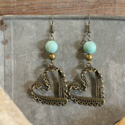 The Primitive Peddler, Inc. - Bronze &amp; Turquoise Heart Earrings