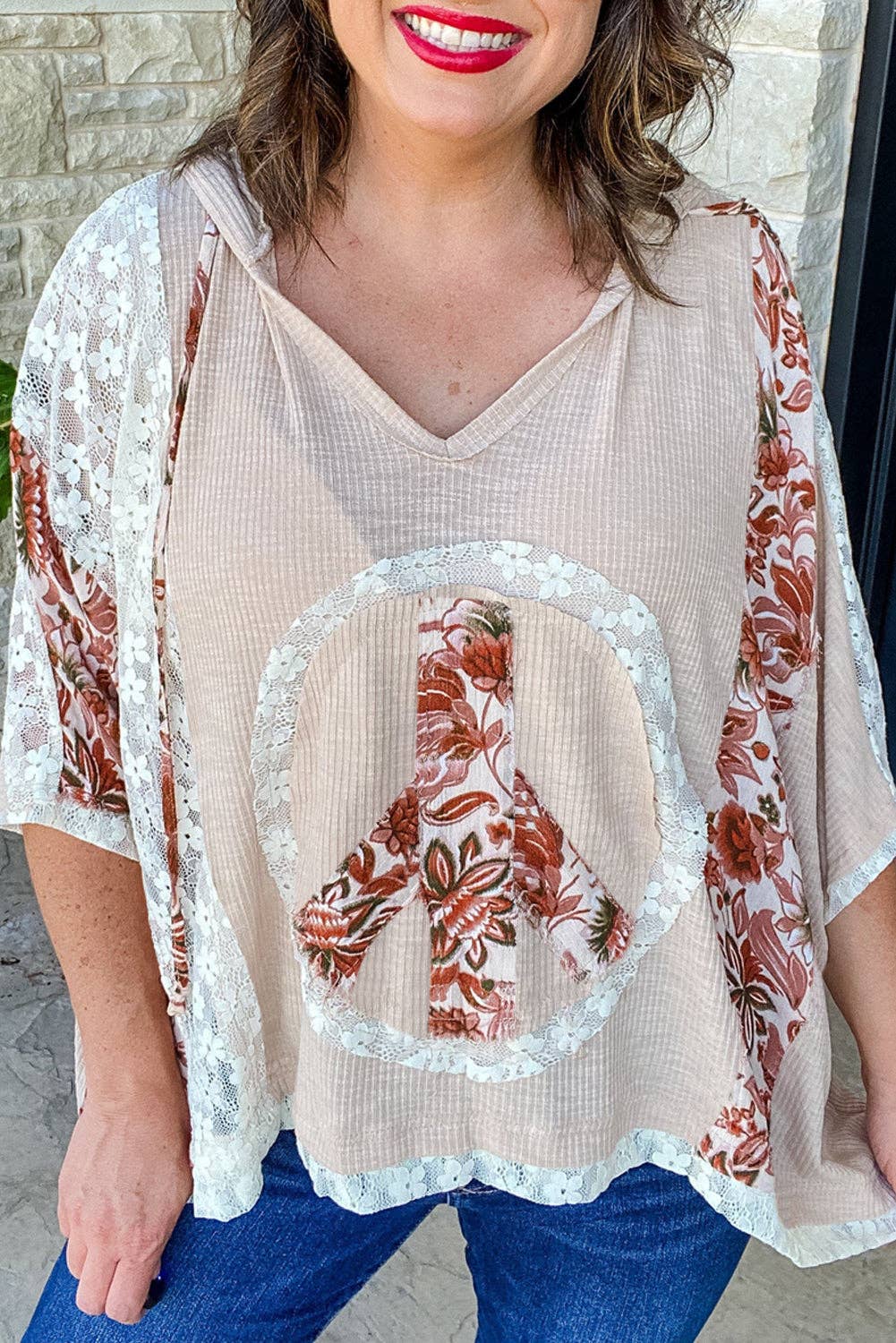 Lovesoft - Floral Peace Sign Graphic Lace Patch Ribbed Plus Size Hooded Top
