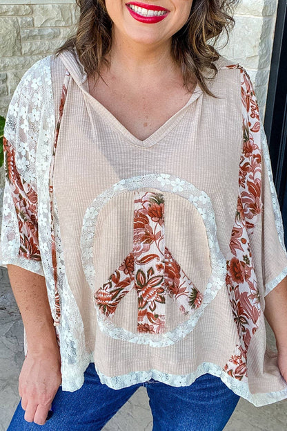 Lovesoft - Floral Peace Sign Graphic Lace Patch Ribbed Plus Size Hooded Top