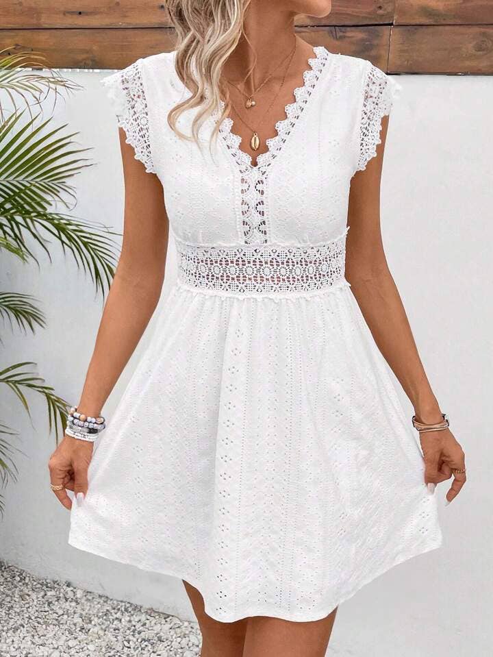 Anna Kaci Wholesale - Eyelet Lace V-Neck A-Line Dress