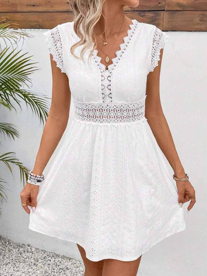 Anna Kaci Wholesale - Eyelet Lace V-Neck A-Line Dress