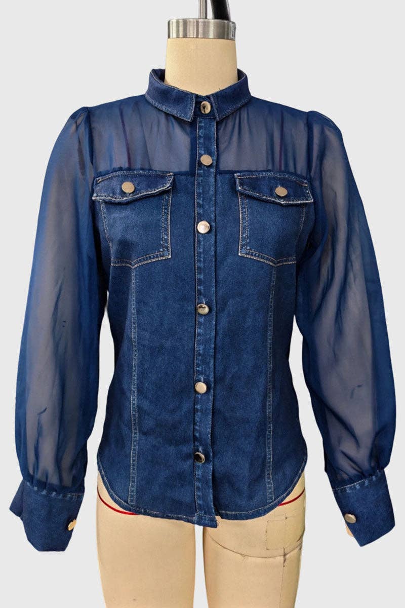 Mccolin - Sheer Sleeve Button-Front Shirt