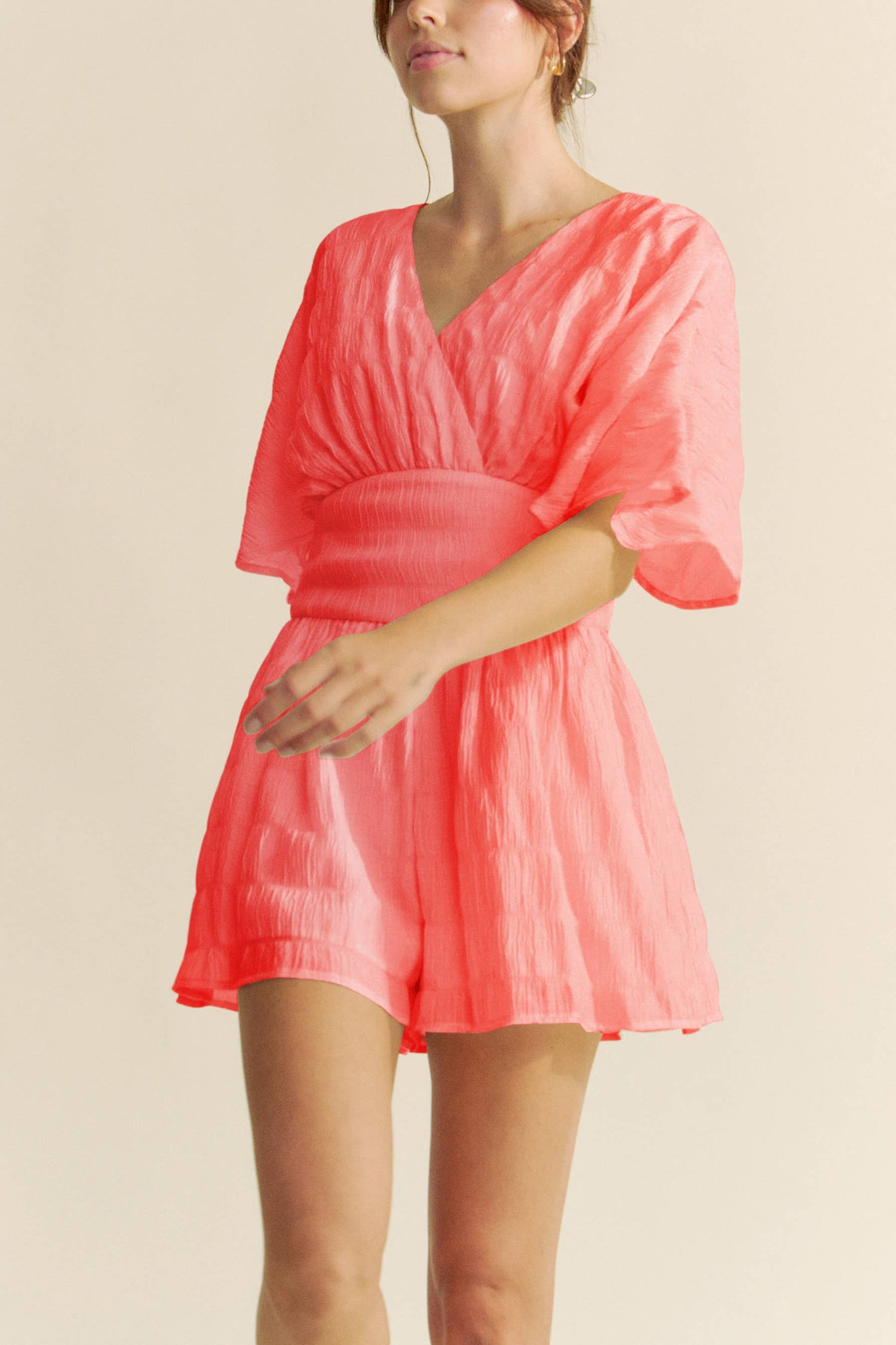 Davi &amp; Dani - BATWING SLEEVES SNAPE BUTTON UP WAISTBELT ROMPER