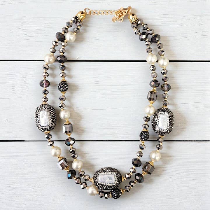 Bijoux Envie Statement Jewelry - Short Pearl Pavé Station Necklace | Statement Jewelry | Boho