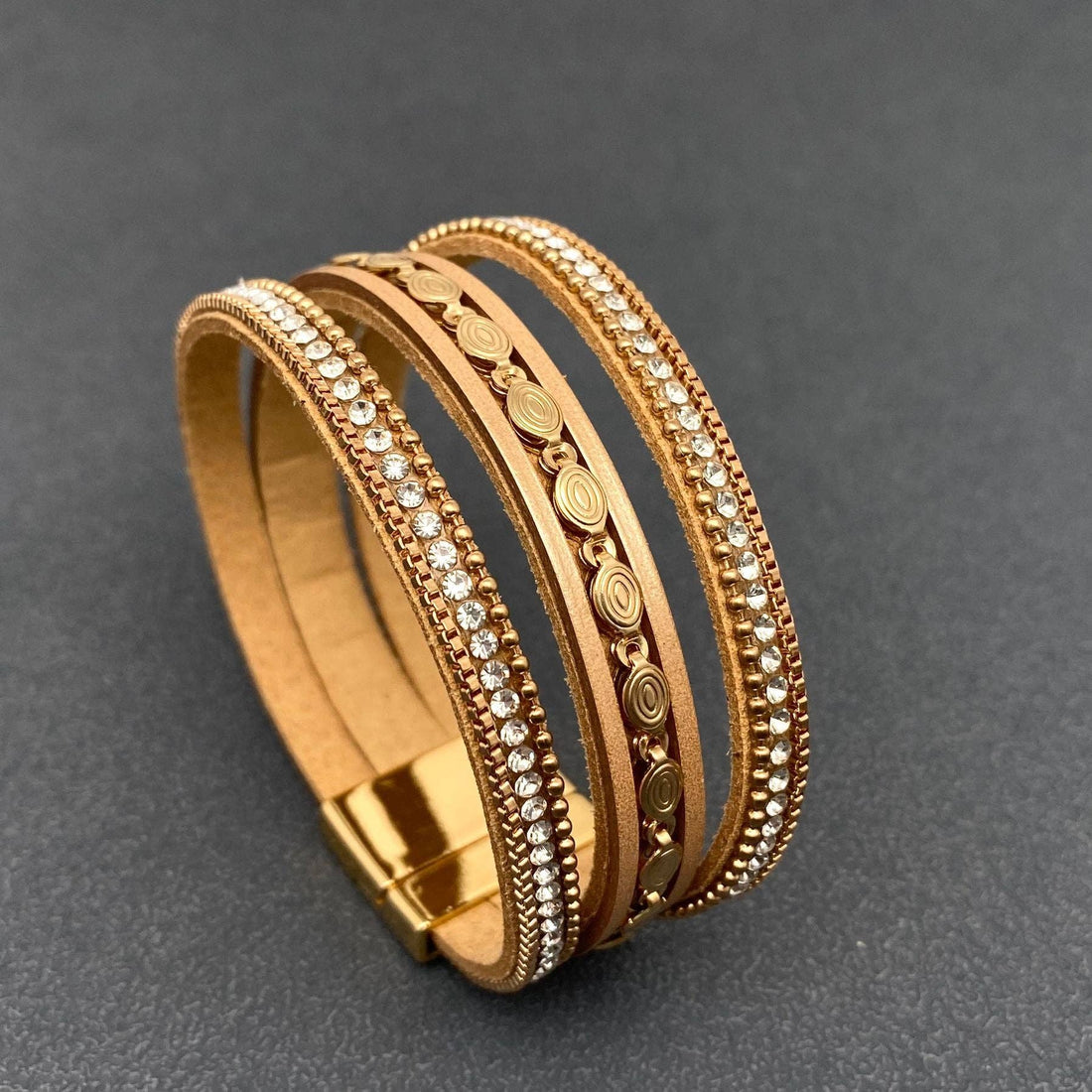 Mio Queena - LB - Sparkling Rhinestone &amp; Leather Triple-Layer Boho Bracelet